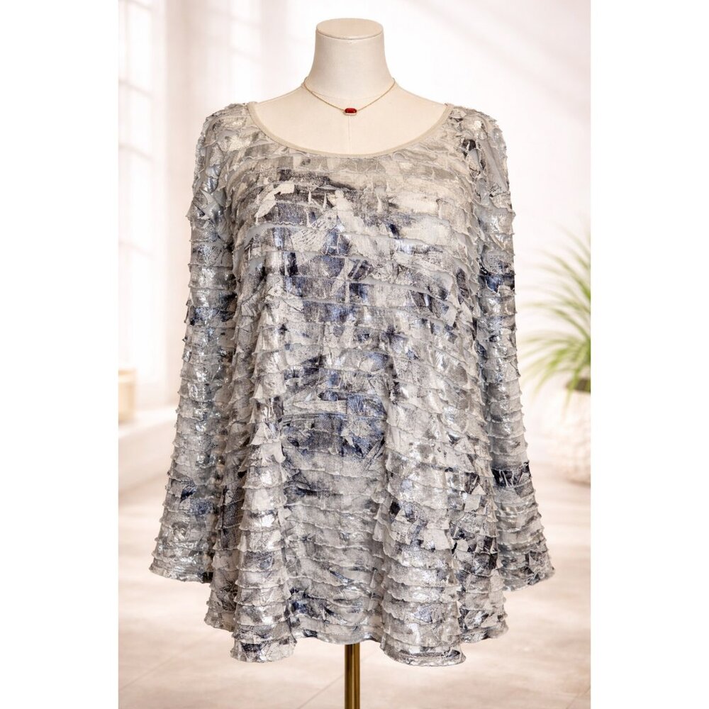 Reba Elegant Silver & Navy Ruffle Textured Long Sleeve Tunic Top, 3XL